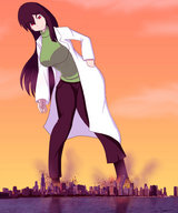 drawing city mega black_hair destruction buildings red_eyes foot_crush looking_down skyscraper lisa sunset lab_coat bumblebambi