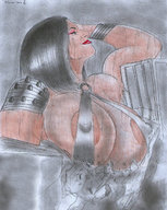 breasts drawing growth nipples giantess mega black_hair color armor destruction buildings smiling olivier debris