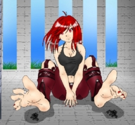 drawing giantess color toes barefoot cleavage red_eyes sweat red_hair belly indoors toe_ring nail_polish shirt crwods libertycitybro
