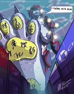 drawing crush feet furry macro giga city color armor destruction buildings paws sitting glow point_of_view runes thebigbadwolf01