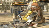giantess black_hair sword castle red_hair gear chasing digital_render leaping mechanism
