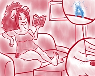 drawing color barefoot sitting unaware shrunken_woman sofa reading homestuck twisted_persona vriska_serket aradia_megido