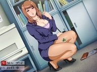 cleavage high_heels brunette office shrunken_man short_skirt books thighs looking_at_viewer business_suit copier