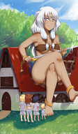 breasts giantess feet swimsuit barefoot soles smiling sandals amazon dfer dark_skin houses nature bandeau jewelry o-ring_top ankle_bracelet