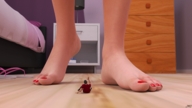 feet barefoot brunette shrunken_man looking_up flip_flops red_nails between_feet bedroom floor_view commission at_feet imminent_crush digital_render jamesmason0 cathy