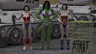 black_hair crossover handheld tank shrunken_men muscles cage wonder_woman looking_at_viewer leotard green_skin digital_render dc_comics she-hulk wonder_girl marvel_comics
