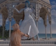 blonde sword ocean blue_hair elf mini_giantess clouds sky white_dress trees white_skin temple looking_at_tiny digital_render