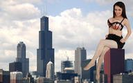 breasts giantess collage city mega barefoot cleavage sitting skyscraper sky looking_at_viewer chicago sitting_on_building ser-gts