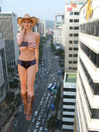 giantess collage city blonde large_breasts traffic buildings navel bus short_shorts vehicles sky cowboy_hat cowboy_boots ser-gts flag_bra