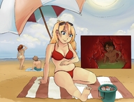 drawing vore blonde color long_hair swimsuit beach barefoot water ocean digestion sitting stomach shrunken_man sand inside_view postvore inside_stomach skinnychimp patting_stomach