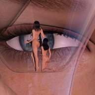 nude feet black_hair butt blue_eyes toes barefoot shrunken_woman looking_at_tiny digital_render champagne_glass