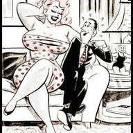 drawing gentle size_difference monochrome large_breasts high_heels amazon cartoon suit living_room nervous sofa polka_dot_dress