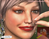 blonde brown_eyes smiling story shrunken_man between_fingers manicure earrings pain looking_at_tiny digital_render giantess-erodreams2