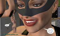 breasts blonde butt blue_eyes teeth handheld story lips shrunken_woman ilayhu desk computer catwoman thief looking_at_tiny digital_render dc_comics