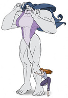 drawing mega color barefoot red_hair mini_giantess muscles hugging looking_at_viewer leotard she-hulk grey_skin capris marvel_comics