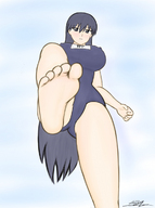 drawing black_hair color long_hair swimsuit barefoot soles huge_breasts low_angle looking_down point_of_view sakaki azumanga_daioh raised_foot perspective imminent_crush looking_at_tiny yamumil