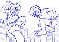 drawing giantess city monochrome multiple_giantesses barefoot glasses sketch giantesses commission raised_foot imminent_crush etz writingglasses