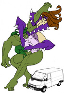 drawing mega color toes cleavage brunette green_hair mini_giantess muscles wrestling fighting leotard van titania no_background green_skin she-hulk marvel_comics hair_pull