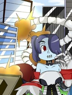 drawing giantess color destruction handheld red_eyes blue_hair blue_skin between_fingers commission zombie skullgirls bumblebambi squigly undead leviathan_(skullgirls) sewed_mouth looking_at_car lightarchon skeleton_hand