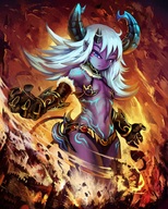 drawing giantess white_hair horns tail city destruction blue_eyes anime castle yilx navel fire belly looking_down thighs looking_at_tiny