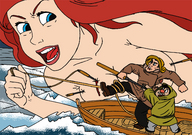 drawing giantess color long_hair blue_eyes water ocean mermaid red_hair boats disney ariel the_little_mermaid gaston harpoons