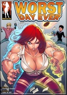 drawing growth large_breasts red_hair mini_giantess muscles giantessfan ripped_clothing formula ray_gun glowing cover_page meteorite