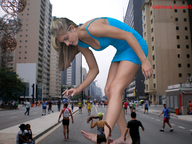 giantess collage city blonde barefoot cleavage bending_over grasping earrings adrianna_daniels mini_skirt marathon giantess_lover45
