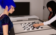 crush blue_hair shrunken_men hand game looking_at_tiny digital_render jamesmason0 amanardra ai_tanaka checkmate