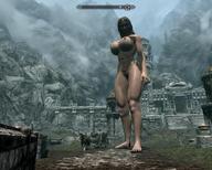 breasts nipples nude barefoot castle mini_giantess legs digital_render horse_and_wagon mountain_base