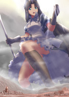 drawing giantess mega black_hair color long_hair blue_eyes anime eliza gloves dress boots town village clouds manzi staff dust_clouds
