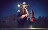 boots bondage squatting cowgirl barn shrunken_people cruel night hat fireworks stars sorenzer0 looking_at_tiny flare digital_render