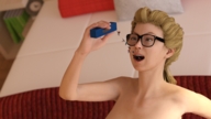 nude vore blonde glasses bed shrunken_people eating falling indoors dropped looking_at_tiny digital_render mass_vore