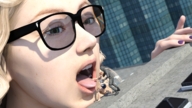 giantess vore blonde tongue glasses open_mouth imminent_vore opening shoved