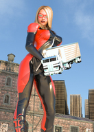 breasts giantess city mega blonde buildings superhero mask sky truck semi_truck looking_at_viewer jumpsuit water_tower digital_render leather_bodysuit