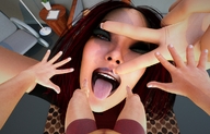 black_hair tongue mouth barefoot shrunken_man open_mouth dangle chair point_of_view sofa rug imminent_vore digital_render peace_sign end_table