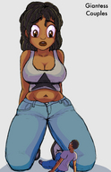 drawing gentle cleavage sitting kneeling surprised navel shrunken_man looking_down dark_skin looking_up top jeas