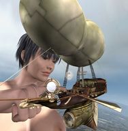 breasts nipples gentle nude mega black_hair blimp short_hair clouds bow ships poking airship digital_render gwyndemere sails
