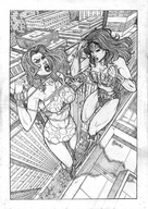 breasts drawing giantess city mega monochrome large_breasts bra skirt buildings giganta boots bondage belly fighting wonder_woman leotard tiara lasso leopard_print dc_comics