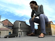 giantess feet black_hair long_hair clothed glasses jeans sitting looking_down vehicles houses flip_flops shirt blue_nails digital_render
