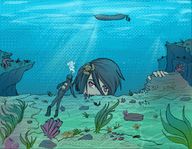 drawing giantess black_hair color underwater swimming diving diver sunlight looking_at_tiny seaweed boat_hull