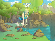 drawing gentle giantess color water crawling grass forest sky loving swim_trunks sun_rays rocky_cliff