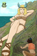 drawing blonde color swimsuit lying_down sandals hand looking_down aladdin seashore jandj_comics norse_goddess