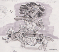 drawing giantess mega monochrome climbing boots sitting dark_skin lifting headband sewing bboston makeshift_clothing