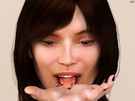 long_hair licking handheld brunette brown_eyes piercings shrunken_man open_mouth tongue_piercing looking_at_tiny digital_render jamesmason0 amandatheforsaken lip_piercings