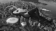 breasts giantess collage city monochrome high_heels lying_down skyscraper aerial_view thigh_highs docop waterfront