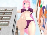 giantess city swimsuit blue_eyes barefoot pink_hair looking_down point_of_view raised_foot luka winking digital_render lagialugia