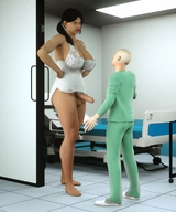 large_breasts futanari penis barefoot ponytail amazon looking_down testicles nightie hands_on_hips digital_render bald