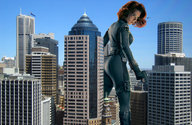 collage city mega butt buildings helicopter red_hair unknown_artist sky belt jumpsuit scarlett_johansson leather_boots body_suit black_widow marvel_comics s.h.i.e.l.d. hand_gun drop_leg_holster