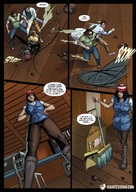 drawing comic black_hair color leggings boots shrunken_men unaware running looking_down floor giantessfan dust hands_on_hips broom quarter cardboard_box stocking_cap dead_fly dustpan