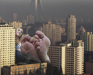 giantess collage city blonde toes barefoot buildings soles climbing unknown_artist sitting looking_at_viewer
